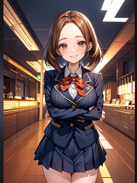 One person, Chestnut Hair, Bobcut,Half Up,Large Breasts, smile, Droopy eyes, Quiet,perspective, height: 165cm,High School Uniform,Navy blue blazer,White blouse,Orange bow ribbon,Grey knee-length flared skirt,Anime Style,Knee-length skirt,Healthy sex appeal...