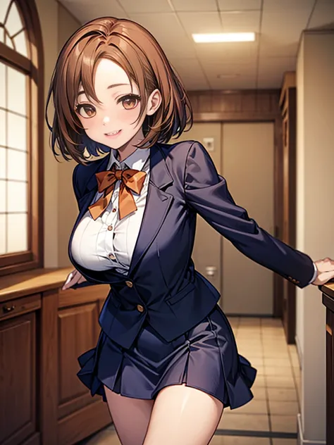 One person, Chestnut Hair, Bobcut,Half Up,Large Breasts, smile, Droopy eyes, Quiet,perspective, height: 165cm,High School Uniform,Navy blue blazer,White blouse,Orange bow ribbon,Grey knee-length flared skirt,Anime Style,Knee-length skirt,Healthy sex appeal...