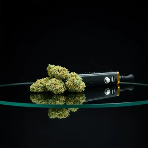 a marijuana flower on top of a glass table next to a vape with a black background
