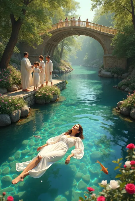 A crystal clear river with colorful stones at its bottom, full of small fish of various species, there is a young woman in white clothes with long sleeves lying in the waters of the river, the river bank is full of roses and lilies, there are many beautifu...