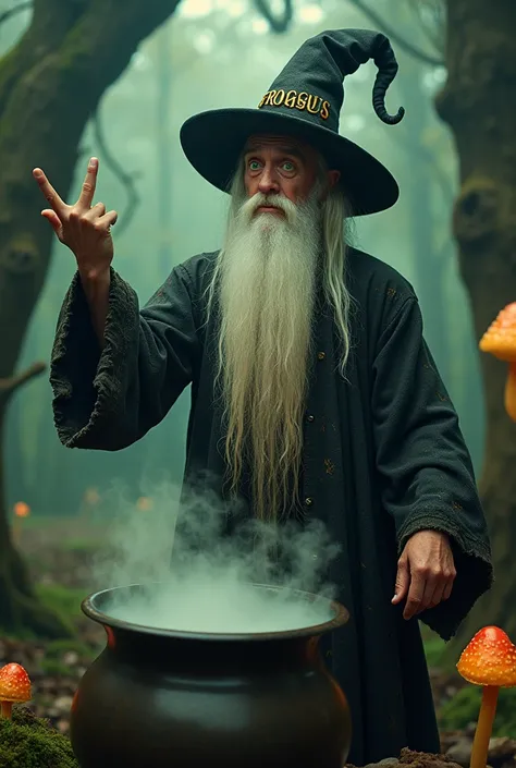 Old wizard with long, white hair, bright green eyes, with a long hat written FROGGUS, coming out of the cauldron, putting on a black arm showing only the middle finger