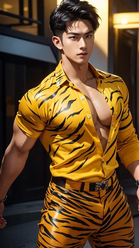 A muscular male, in a two-piece fusion outfit, detailed handsome face, short black hair, open shirt with yellow tiger print, sexy expression, looking directly at viewers romantically, black undershirt, black pants, 