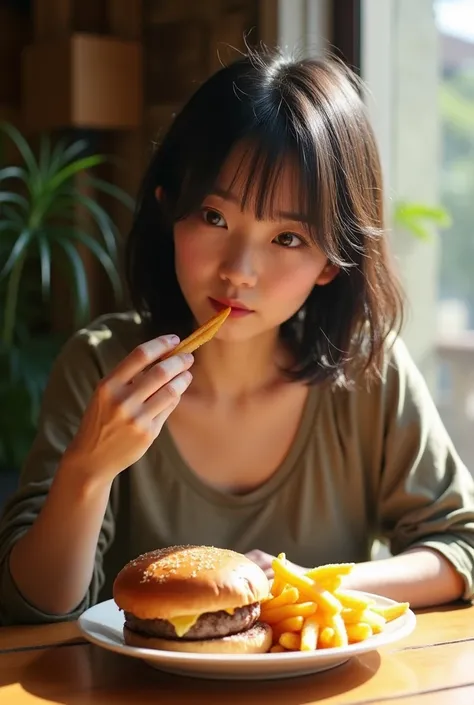 Eating hamburger steak, (Full body shot), Highest quality, Soft Light, Ultra-high resolution, (Realistic:1.4), RAW Photos, Japanese Mature, alone, Are fat, the waist is thick, obesity, cute, (A shy smile:0.5), (Brown eyes, Light in your eyes), (High resolu...