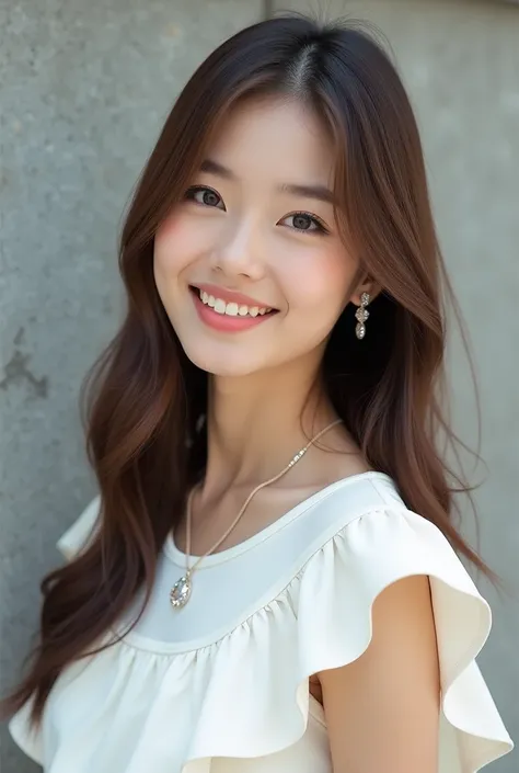 A beautiful Japanese woman who looks like shes half-Japanese、Sharp features、Big eyes、Fine, glossy hair、Hair that is collarbone to upper chest length、Thready hair、Brown hair color、Smooth and straightヘア、Body turned slightly towards the camera with direct eye...