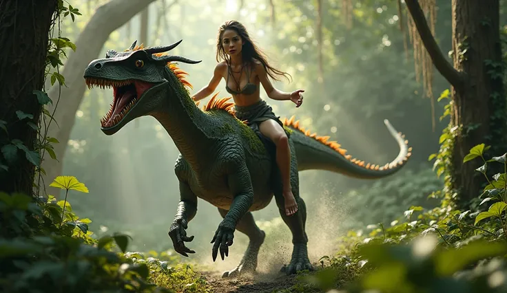 Elf woman riding Japanese raptor dinosaur, 20s, moss growing on skin, disgusting, dirty