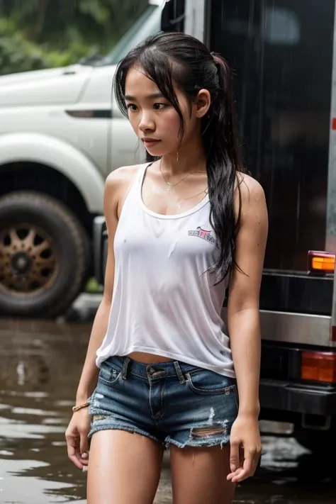 young thai girl, soaked by rain, next to truck, white tank top, black shorts to thighs