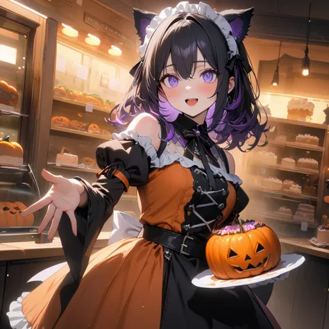 (8K, best quality, master piece: 1.2),super high resolution,1 idol,solo,16yo,ultra-detailed face,detailed eyes,violet eyes,curl outward hair violet,blrak hair,Cold-Shoulder Sleeves,orange Halloween dress, gothic fashion,pumpkin and ribbon maid headdress,:d...