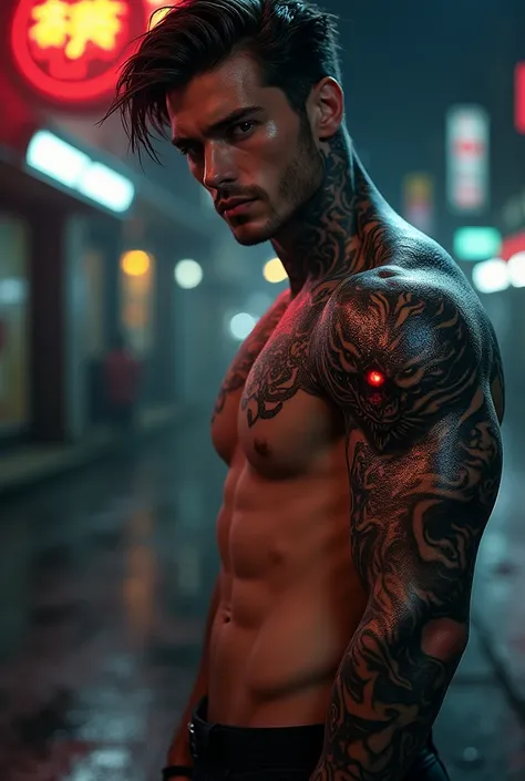 Create a handsome guy with a black dragon tattoo with red eyes that stretches from his right arm to his neck. The dragons mouth should be open as if its about to devour the head. 