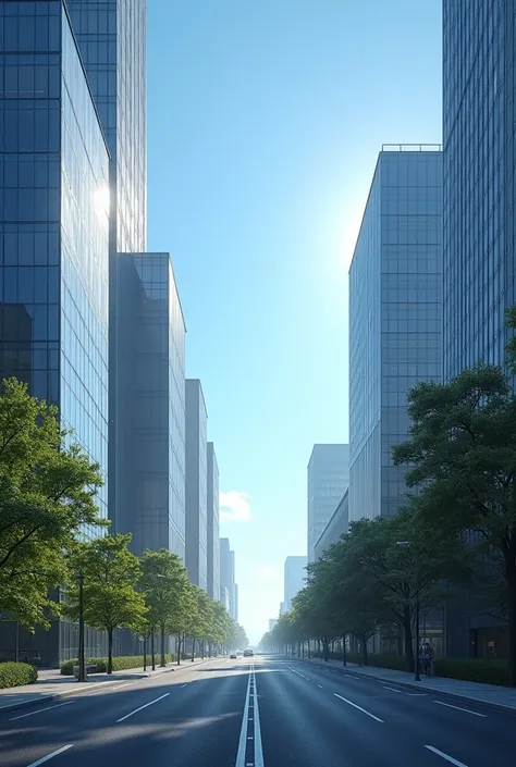 Modern road, blue sky, surrounded by modern buildings, middle view of the road, looking up a bit, không có cây cối và ánh nắng