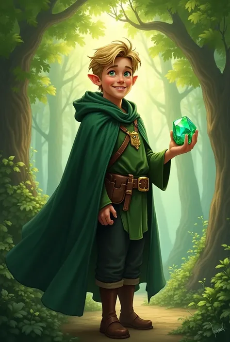 A guy with blond hair, a little fat, green eyes, wearing dark green clothes and a dark green cloak. He was smiling. He has an emerald stone in his hand. His hair is short