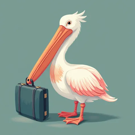 A pelican with slightly pinkish white feathers, keeping a suitcase in its own beak
