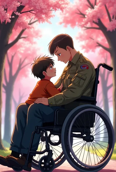 Crippled male soldier in wheelchair with his son anime style