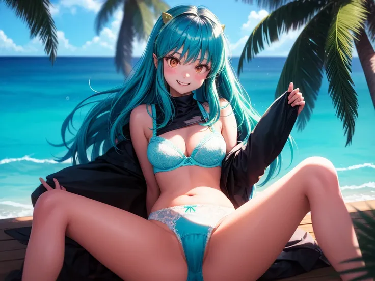 Ram-chan,invader,Very small micro underwear,Face forward and spread your legs wide., Big Ass,Resort Beach, Palm tree,sun, Highest quality, High definition, Orange eyes, Beautiful Eyes, beautiful girl, Big Breasts, blush,（It has two small demon horns on its...