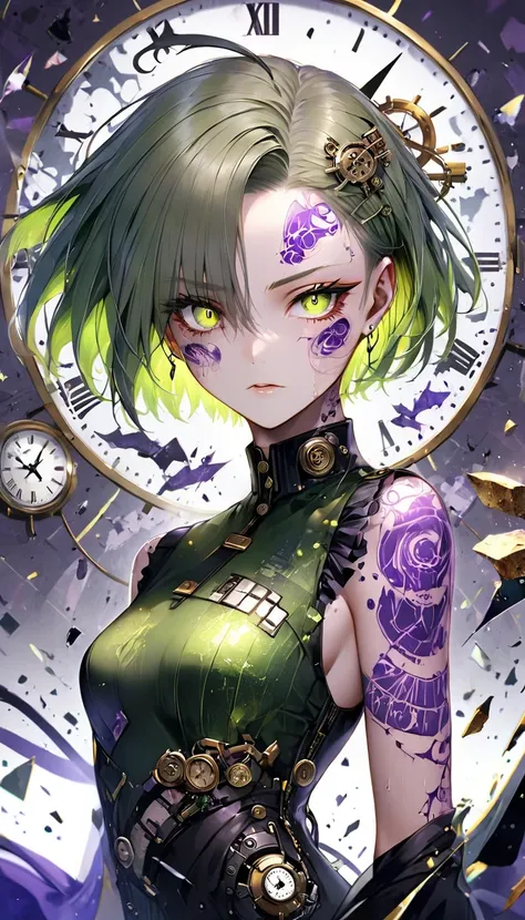 female demon, dignified beauty, cool beauty, purple paint patterns on her face (forehead and under her eyes), and golden eye-like paint patterns on her forehead, green messy short hair, attractive and seductive expression, wearing green and purple dress, s...