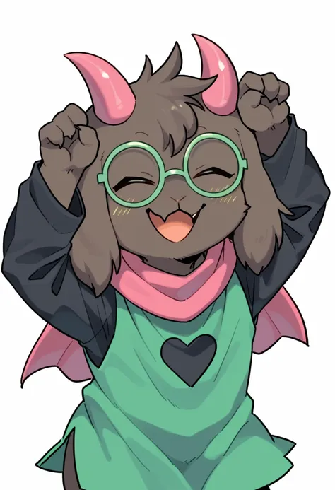  (score_9, score_8_up),furry, fur, face, Ralsei(deltarune), goat, dark fur,  horns, black sleeves, cute, green glasses, hatless, green shirt, standing, arms up with his hands doing the L sign,pink scarf,closed eyes, happy, smug face, bending over,    {{{ka...