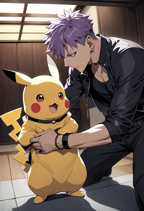 (masterpiece, best quality),Scene where Gojo Satoru(jujutsu kaisen) and pikachu face off,