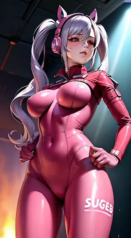 Highest quality, Ultra-high resolution, (Realistic: 1.4), Jumpsuit, Sci-fi spaceship interior background, A light, misty sci-fi, 8k, .....CG, Anime Wife, Gveiz, Circuit Plate Mail, From below, Mole under the eye, pink headphones, Big Breasts, arms on the b...