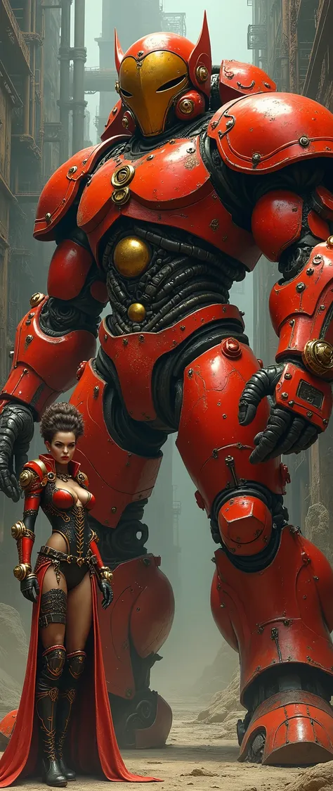 A glamorous steampunk heroine, adorned in intricate Red gold highlights and leather attire, stands confidently next to a colossal, mechanized red and gold titan. The scene is set against a dramatic, industrial backdrop reminiscent of Gerald Broms dark and ...