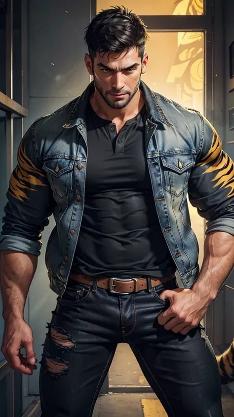 a muscular man, handsome detailed face, short black hair, open denim jacket with yellow tiger print, sexy expression, looking di...