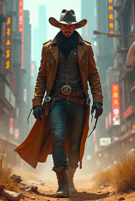 Futuristic outlaw cowboy with a long jacket 