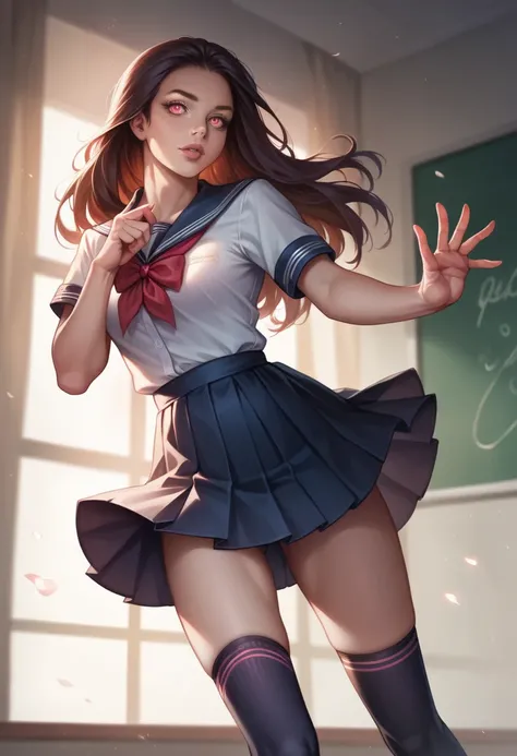 a sexy schoolgirl wearing thigh high socks, beautiful detailed eyes, beautiful detailed lips, extremely detailed face, long eyelashes, meticulously detailed school uniform, sensual pose, photorealistic, 8k, high quality, masterpiece, cinematic lighting, vi...