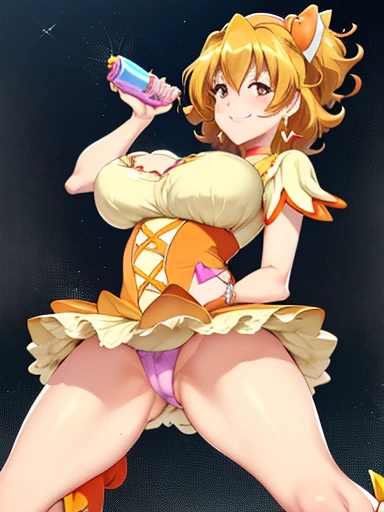 Tabletop, Highest quality, View your viewers, Depth of written boundary, walk, ((Drunk smile)), One Girl, Cure Peach, Pretty Cure, ((Big breasts are voluptuous)),One side up, short hair, Hair Ribbon, Frills, Short sleeve, Wrist cuff, Orange Choker, rainbow...