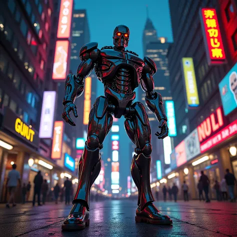 The Super Teminator standing in an attack stance in the city street. Insanely super detailed and intricate, ornate, hyper-realistic, hypermaximalist, photograph, super detailed, high resolution, full color, 4K, 8K high Definition. Canon EOS 5D Mark III, 35...