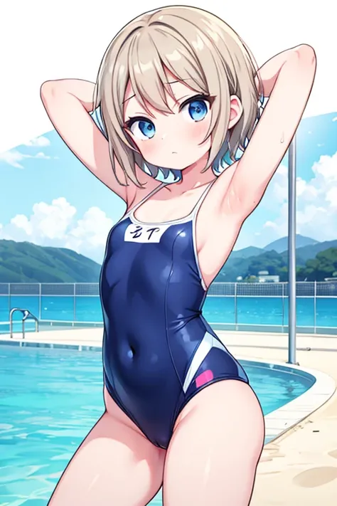 One person, alone, Watanabe Yo, Swimsuit, blue eyes, chest, White Background, short hair, One piece swimsuit, Simple Background, View your viewers, Put your arms behind your head,get wet,High registration,Pussy