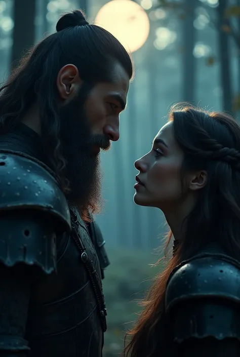 black armored barbarian, looking at the woman eye to eye, his very detailed eyes reflect each other clearly, the spotlight illuminates the scene in the middle of the forest, while the full moon illuminates the degraded sky, and the stars shine, very detail...