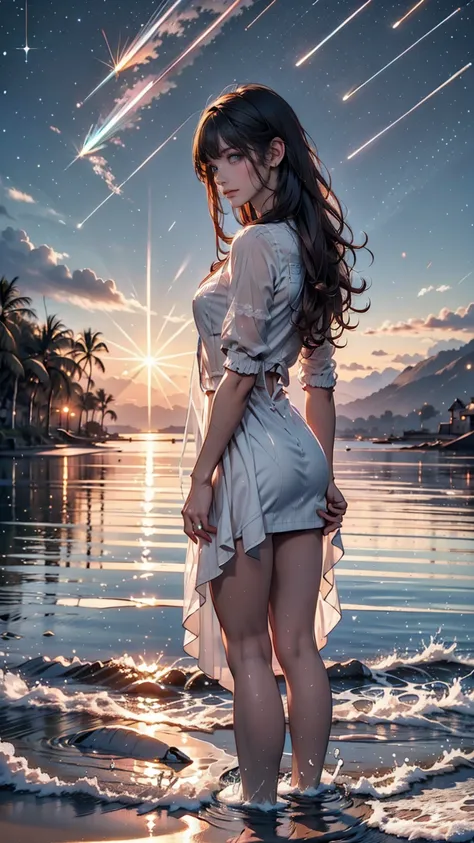 ((masterpiece, Highest quality)), At night, Sheer, thin clothes, girl, Put one foot in the sea using only your toes, girl standing, girl sideways,  between the horizon and the sea, Side view, Ripples spread from my toes, The scene is about 20 metres away.,...