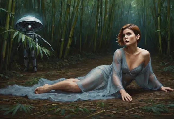 Bamboo forest, a confused and embarrassed nude woman (Kate Mara, age 25, panicked, nude, covering herself as best she can with her hands and arms) is in a spotlight being cast down on her from a hovering UFO, assorted clothes float down from the UFO. flapp...