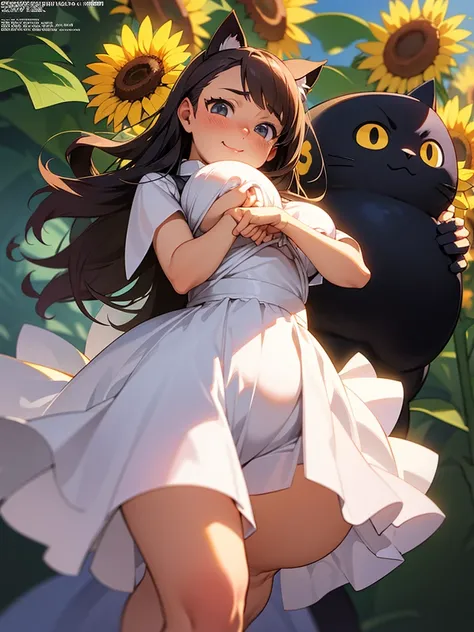 Kōsuke Fujishima style , Anime magazine pinup , clothed erotica , cat woman , wide hip , thick body , round face , light summer dress , Sunflowers are blooming , heart is beating fast with anticipation , apart melons