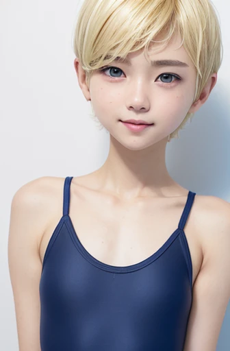 ((cowboyshot:1.3)),armpits,Create a photo of a korean Asian teenager,((beautiful cute idol girl:1.5)), ((blonde short hair:1.5)),13yo,narrow eyes:1.5,slim face,slim neck,((thinbody：1.5)),white tite tanktop,((rasping)),((frat chest)),((clavicle)),((ribs)),(...