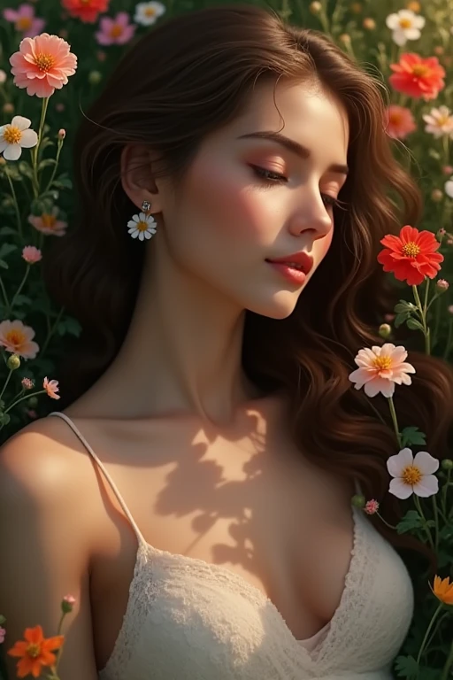 a girl, 23, lying in a field of colorful flowers, beautiful detailed eyes, beautiful detailed lips, extremely detailed face and skin, long eyelashes, serene expression, flowers surrounding her, sunlight filtering through the petals, pastoral landscape, lus...