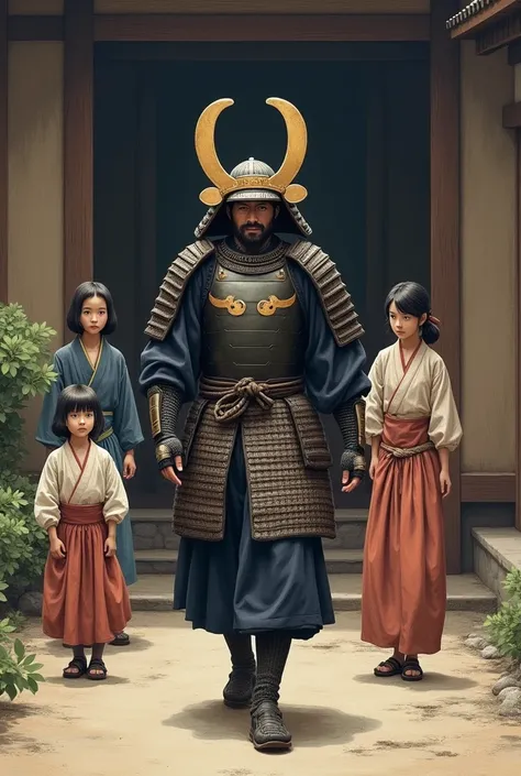 During the Sengoku period in Japan, a man in armor walks out of a samurai residence. He wears a crescent-shaped helmet over his armor. Three children stand behind him, looking at him. Two of the men are wearing hakama and one woman is wearing a kimono.