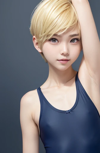 ((cowboyshot:1.3)),armpits,Create a photo of a korean Asian teenager,((beautiful cute idol girl:1.5)), ((blonde short hair:1.5)),12yo,narrow eyes:1.5,slim face,slim neck,((thinbody：1.5)),white tite tanktop,((rasping)),((frat chest)),((clavicle)),((ribs)),(...