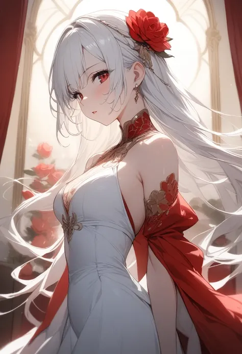 Digital Painting, Anime Style, Beautiful young woman with long flowing white hair and red flowers, she複雑な花柄で飾られた伝統的な赤と白の着物を着ている。., she、She stands gracefully against a dramatic and glamorous backdrop adorned with red and white floral motifs。., Vivid and con...