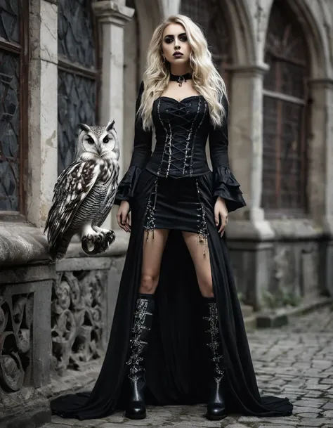 Full body

Woman blonde hair, crespo y largo. 
Clothing inspired by Gothic clothing, metalera, indigenous and the owl animal