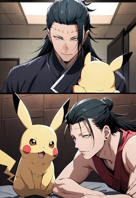 (masterpiece, best quality),scene where getou suguru(from jujutsu kaisen,black long hair) and pikachu face off,