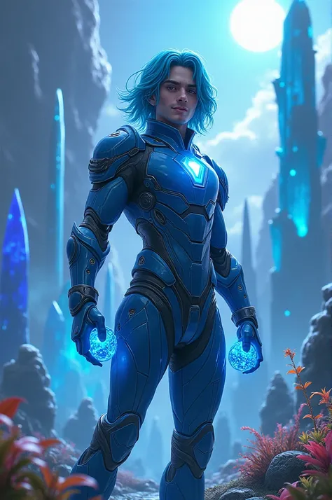 His hair is blue. He was smiling with his mouth closed. The blue warrior is in an armored futuristic suit. He was holding a multifaceted blue stone in his hand. The hair is of medium length. There is a cube mark on the chest.