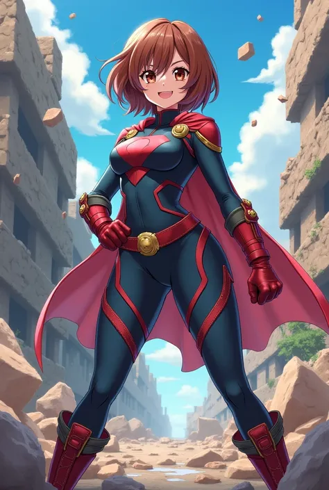 Uraraka Ochako, masterpiece, Best Quality, High resolution, Hmochako, blush stickers, short hair, huge breasts, superhero, mono, Boots, remains, building, fighting stance, clenched hands, Wide hips, thick thighs ((curves))