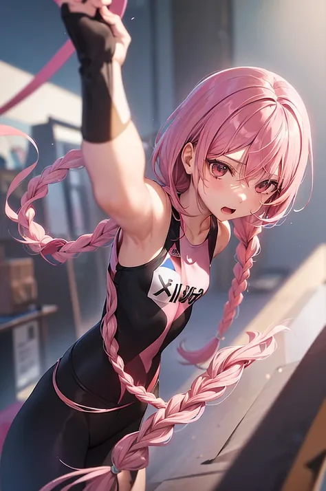 masterpiece, best quality,anime style, 1 girl,(((slender body))), (((small eyes))),(((athlete suit))), (beautiful face), (((single braid))), (((straight hair))), ((((pink hair)))),detailed beautiful skin, (perfect hands, perfect anatomy),scream