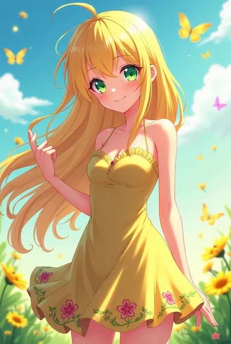 Anime girl, with big tits, blond hair and green eyes