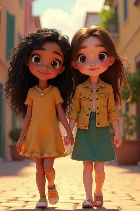 Disney Pixar style image of two girls who are a couple, walking hand in hand, the first girl with long curly black hair, black hair, white skin and sparkling black eyes with pretty eyelashes and rosy cheeks, the other girl also with fair skin brown straigh...