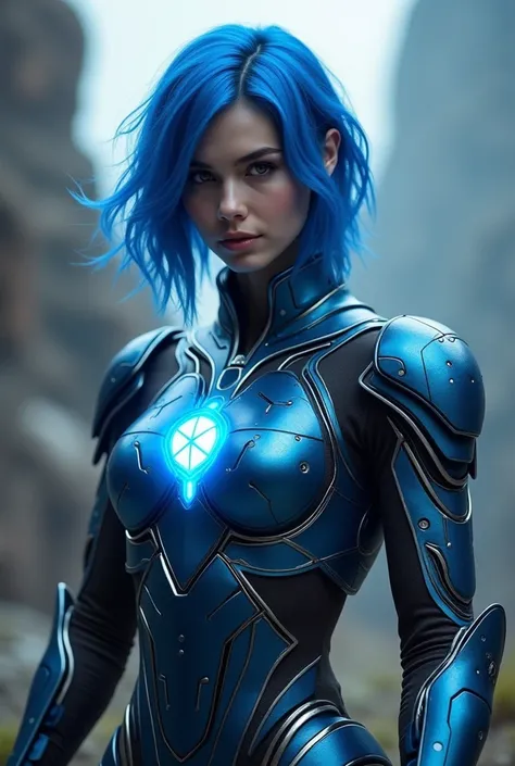 His hair is blue. He was smiling with his mouth closed. The blue warrior is in an armored futuristic suit. He was holding a multifaceted blue stone in his hand. The hair is of medium length. There is a cube mark on the chest.