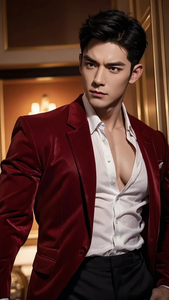 a muscular man, handsome detailed face, short black hair, open blood red velvet jacket, sexy expression, looking directly at viewers romantically, black undershirt, black pants, 