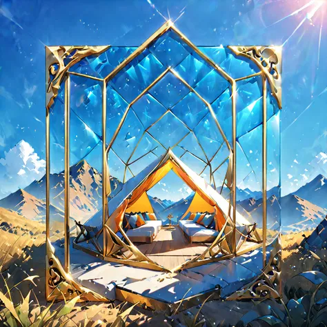 Glamping、symbol、Three-dimensional、Shine、Shine、gold、The background is blue sky、The periphery is a luxurious frame.