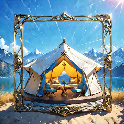 Glamping、symbol、Three-dimensional、Shine、Shine、gold、The background is blue sky、The periphery is a luxurious frame.