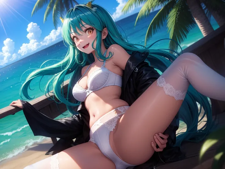 Ram-chan,invader,Very small micro underwear,Face forward and spread your legs wide., Big Ass,Resort Beach, Palm tree,sun, Highest quality, High definition, Orange eyes, Beautiful Eyes, beautiful girl, Big Breasts, blush,（It has two small demon horns on its...