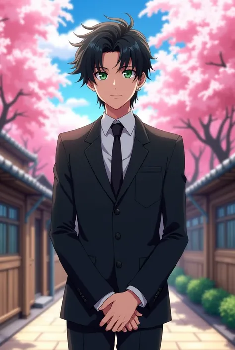 A man in a black suit and black tie is standing with his hands clasped., spike spiegel, with index finger, Yukio-e, JUJUTSU KAİSEN, Otaku de Ganga, Gendo Ikari smoking a joint, killua zoldyck black hair, beautiful anime pose, aramaki Shinji, Apply anime ar...